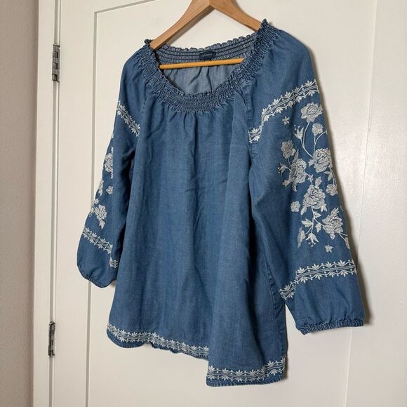 J Jill Denim Chambray Top Womens Sz XL Blue Embroidered Long Sleeve Peasant Boho - Picture 2 of 11